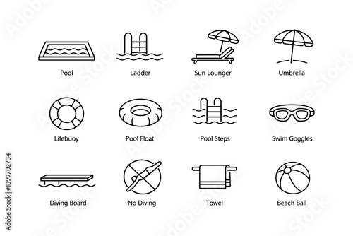 Poolside essentials icons: ladder, sun lounger, umbrella, lifebuoy, swim goggles