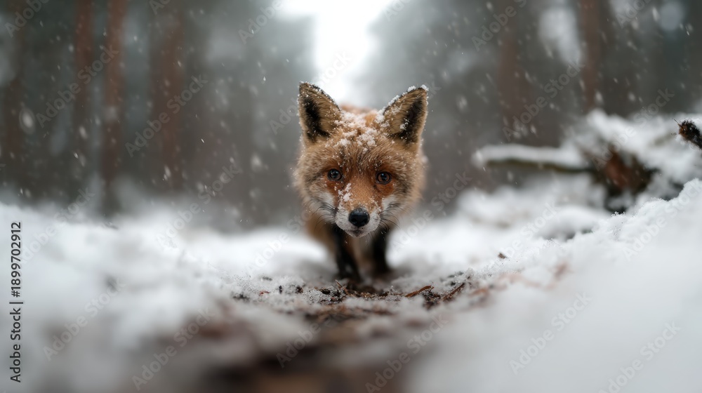 Naklejka premium A captivating image of a curious fox approaching through a snowy forest, showcasing the beauty and tension of wildlife in its natural, serene environment during winter.