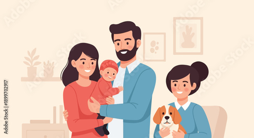 A loving family with a baby and a dog, depicted in flat illustration