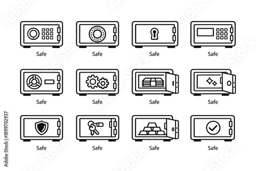 Various safe icons with different locking mechanisms and contents