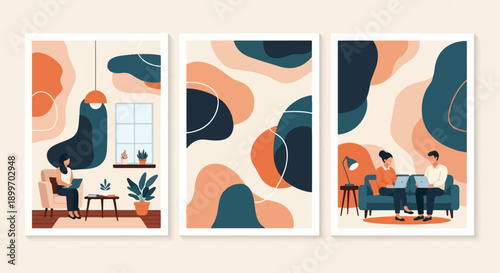 Abstract artwork of people working remotely in cozy, stylish interiors