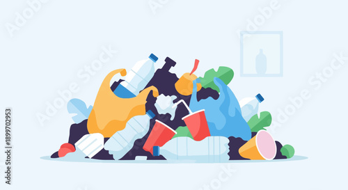 A colorful pile of plastic waste, including bottles, bags, and cups