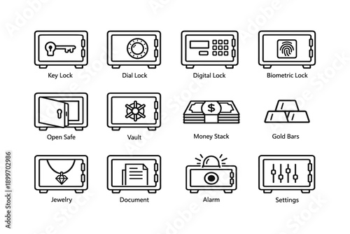 Secure storage icons featuring lock, safe, money, and security symbols