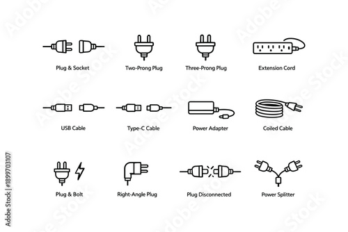 Types of plugs and cables: usb, type-c, power adapters, extension cords, power splitters