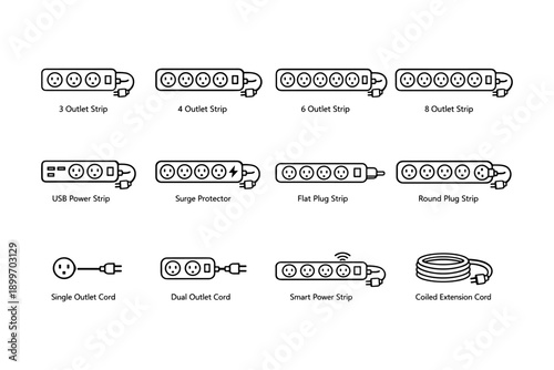 Various types of power strips and extension cords for different uses