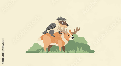 A hedgehog rides on the back of a deer in a grassy forest