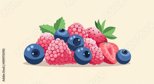 A colorful pixel art depiction of assorted berries, including strawberries, blueberries, and raspberries