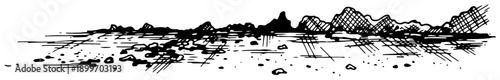 Hand drawn panoramic landscape sketch featuring rocky ground and stones
