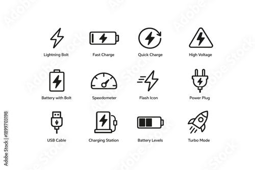 Electrical symbols set: lightning bolt, battery, flash, power plug, usb cable