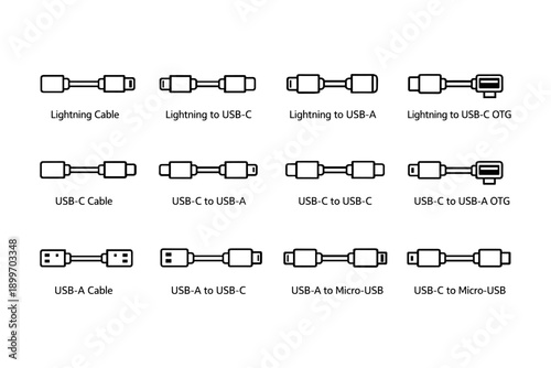 Various adapter cables: lightning, usb-c, usb-a, otg connections