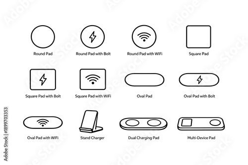 Wireless charging pad varieties: round, square, oval, stand, multi-device options