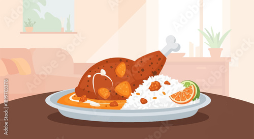 A delicious chicken dish with rice, garnished with citrus, served in a cozy room
