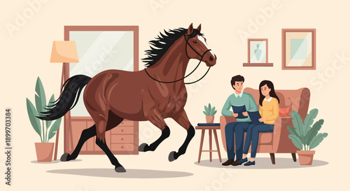 A horse gallops past a couple reading indoors near plants