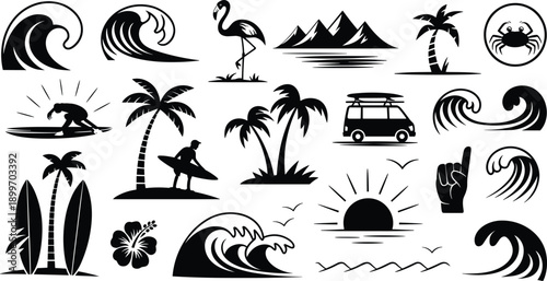 Tropical beach summer vacation icon set, surfing wave palm tree ocean travel silhouette vector collection isolated white background illustration
