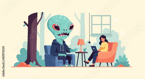 A human interacts with an alien in a cozy, stylized home setting