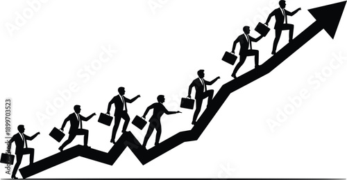 Silhouettes of Businessmen Ascending an Upward Trend Line Graph vector illustration