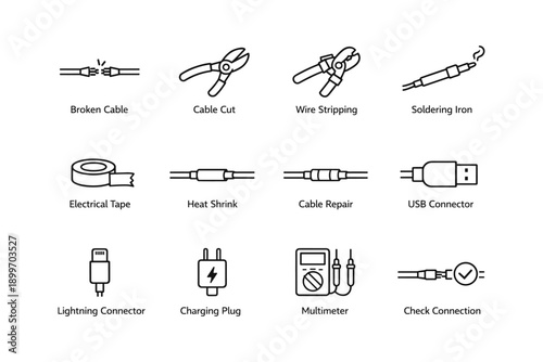 Electrical tools and cable repair icons set for wiring and soldering