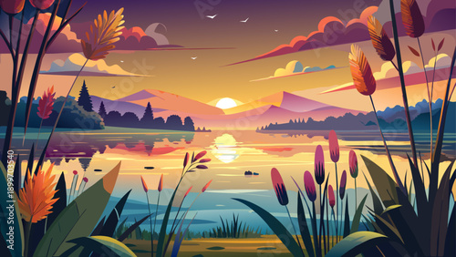 Very beautiful lakeside sunset scene with cattails and blooming wildflowers, soft bokeh light, warm colors, and tranquil atmosphere reflecting seasonal beauty and natural harmony.