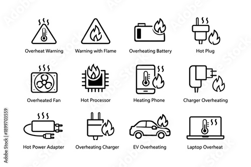 Electronic device overheat icons: battery, charger, laptop, warning signs