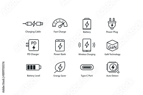 Icons illustrating charging cable battery power plug pd charger and gan technology