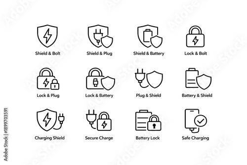 Shield and battery icons for secure charging and protection concepts