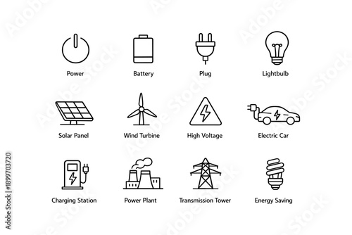 Energy symbols set featuring renewable technology and power icons