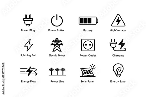 Energy and power icons: sustainable technology and electrical symbols collection