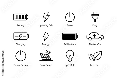 Energy icons: battery, charging, electric car, solar panel, eco leaf