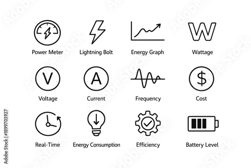 Energy icons: power meter, efficiency, battery level, voltage, real-time