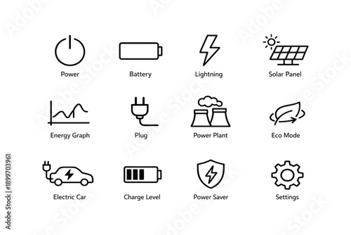 Power and energy icons: battery, solar panel, plug, eco mode, electric car