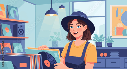 Cheerful young woman in a hat and overalls browsing vinyl records in a bright room