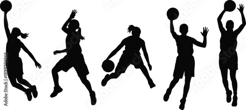 Women basketball player silhouettes performing jump shot, dribbling and shooting actions isolated background for sports design, fitness and athletic concept