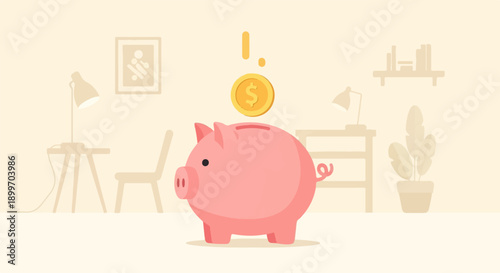 A piggy bank receives a coin in a cozy room with furniture and plants