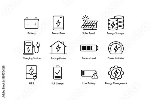 Energy solutions icons: battery, solar panel, backup power indicators and management
