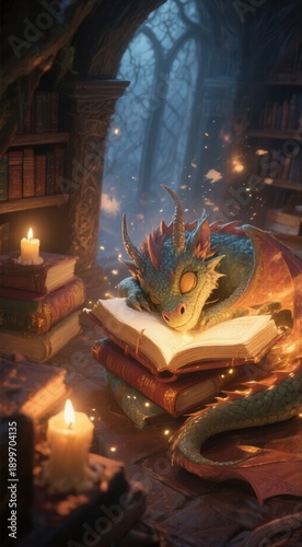 Dragon reading in magical library