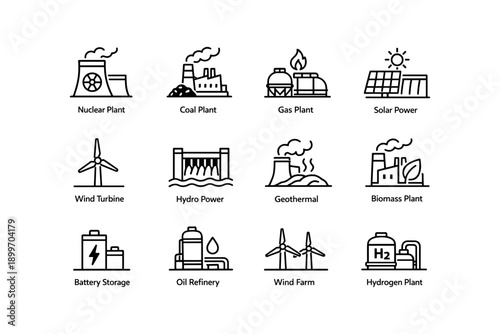 Energy sources icons: nuclear, solar, wind, hydro, geothermal, biomass, hydrogen