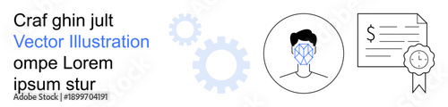 Artificial intelligence, identity verification, digital security, credentials, data authentication, professional licensing. Outline illustration of a face scan, gears, and certification icons