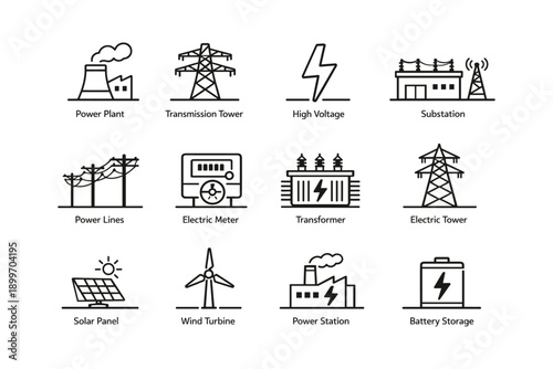 Energy icons: power plant, transmission tower, high voltage, substation, solar panel