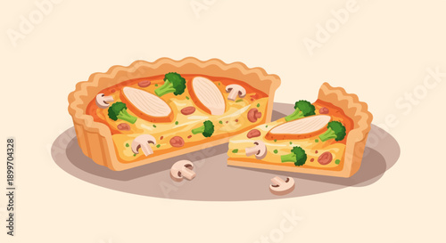 A delicious quiche with chicken, broccoli, and mushrooms on a plate