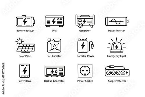 Energy solutions icons: battery, generator, solar panel, power inverter, surge protector