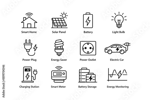 Smart energy icons: solar panel, electric car, battery storage, smart home, energy saver
