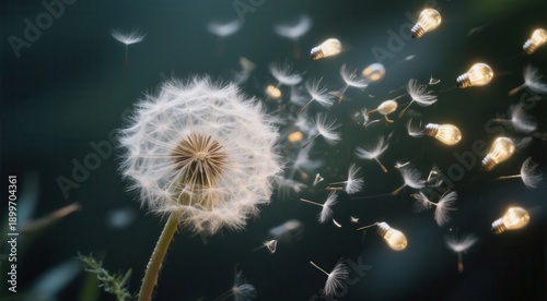 Dandelion transformed glowing light bulbs floating away at night