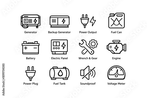 Power equipment outline icons: generator, wrench, voltage meter, fuel can, battery