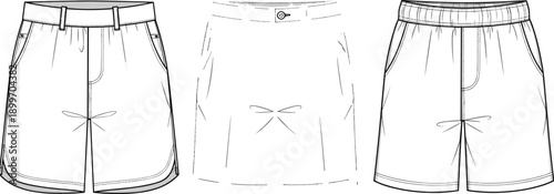 Women casual shorts outline collection, summer fashion clothing line art set, modern apparel design, comfortable outfit vector illustration isolated