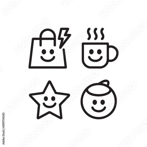 Four simple black line with smiling faces shopping bag star cup and head lightning bolt