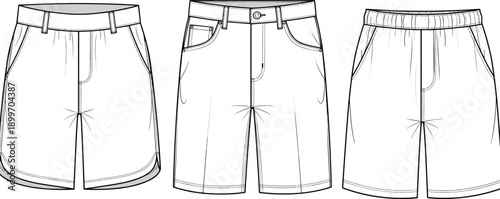 Women casual shorts outline collection, summer fashion clothing line art set, modern comfortable apparel design vector illustration isolated