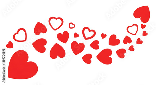 Wave of red hearts flowing from left to right in various sizes for border decoration isolated on transparent background stream path trail love romance valentine pattern graphic design element