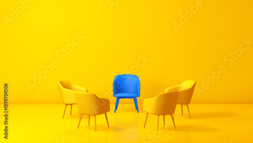 Fotografie A vibrant 3D render showing a single blue chair positioned at the center of a circle formed by yellow chairs, symbolizing leadership, focus, and central importance