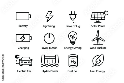 Icons of renewable energy sources and sustainable technology symbols