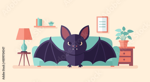A cute, cartoon bat with wings spread sits in a room with furniture